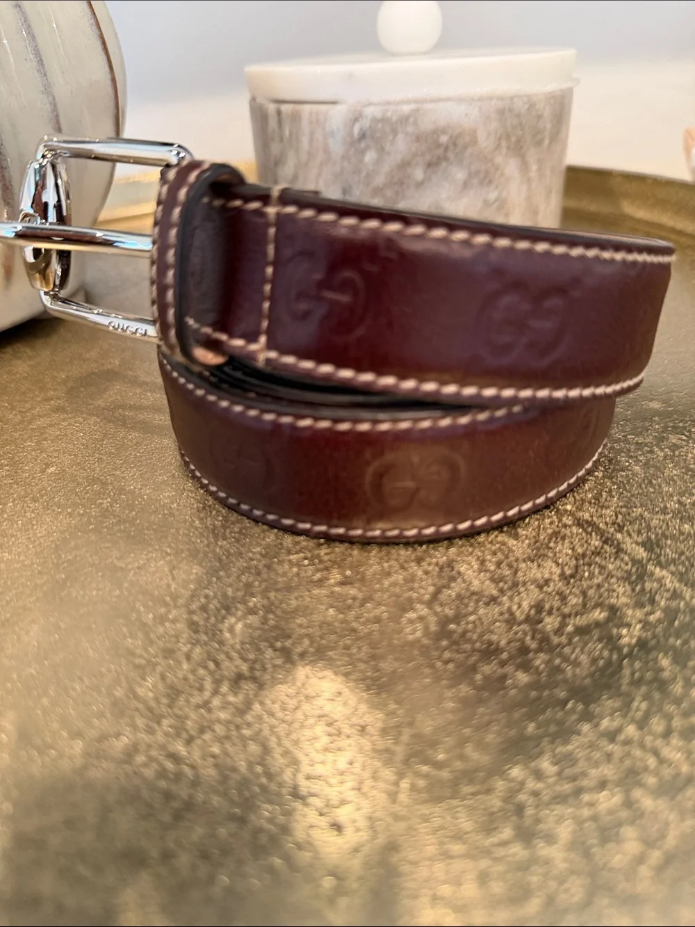 Gucci Brown Leather Belt with Silver-Tone Buckle Size 105- 42